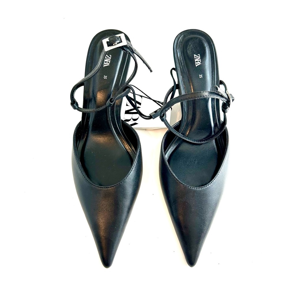 NWT New Zara Strappy Heels Shoes, Black Leather, Silver Hardware Size 5